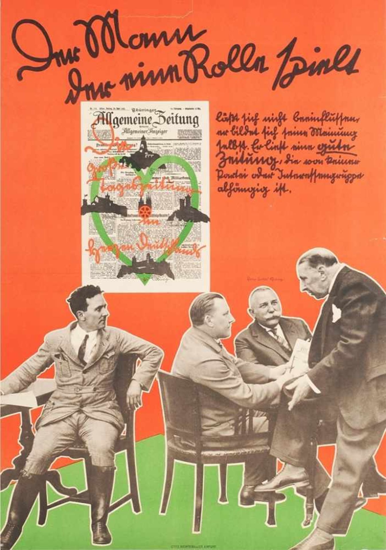 Werbeplakat für die "Allgemeine Thüringer Zeitung" Offset. Auf rotem u. grünem Grund Gruppe