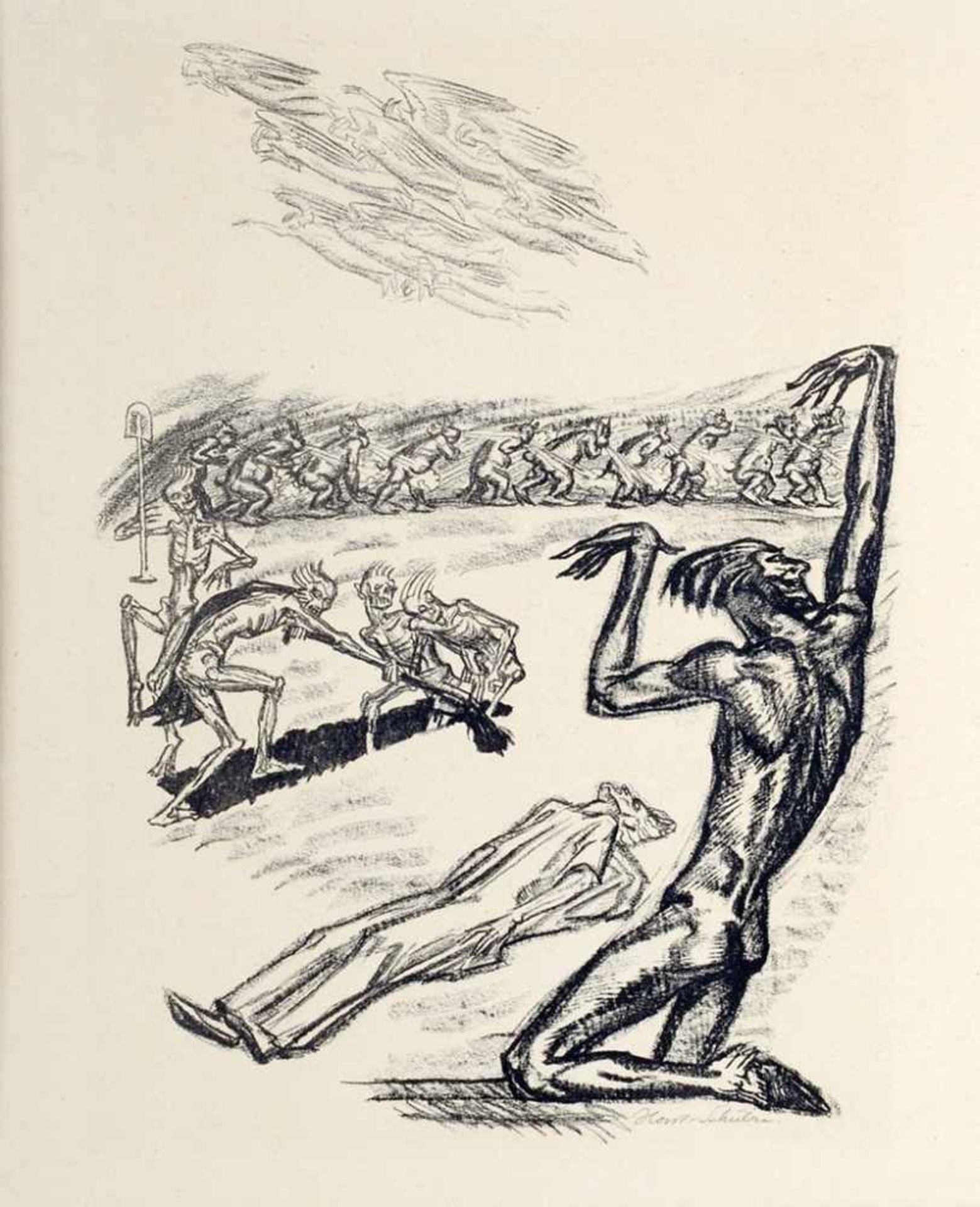 Horst-Schulze, Paul (1876 Naunhof - 1937 Leipzig) Lithographie. Totentanz-ähnliche Begräbnisszene in