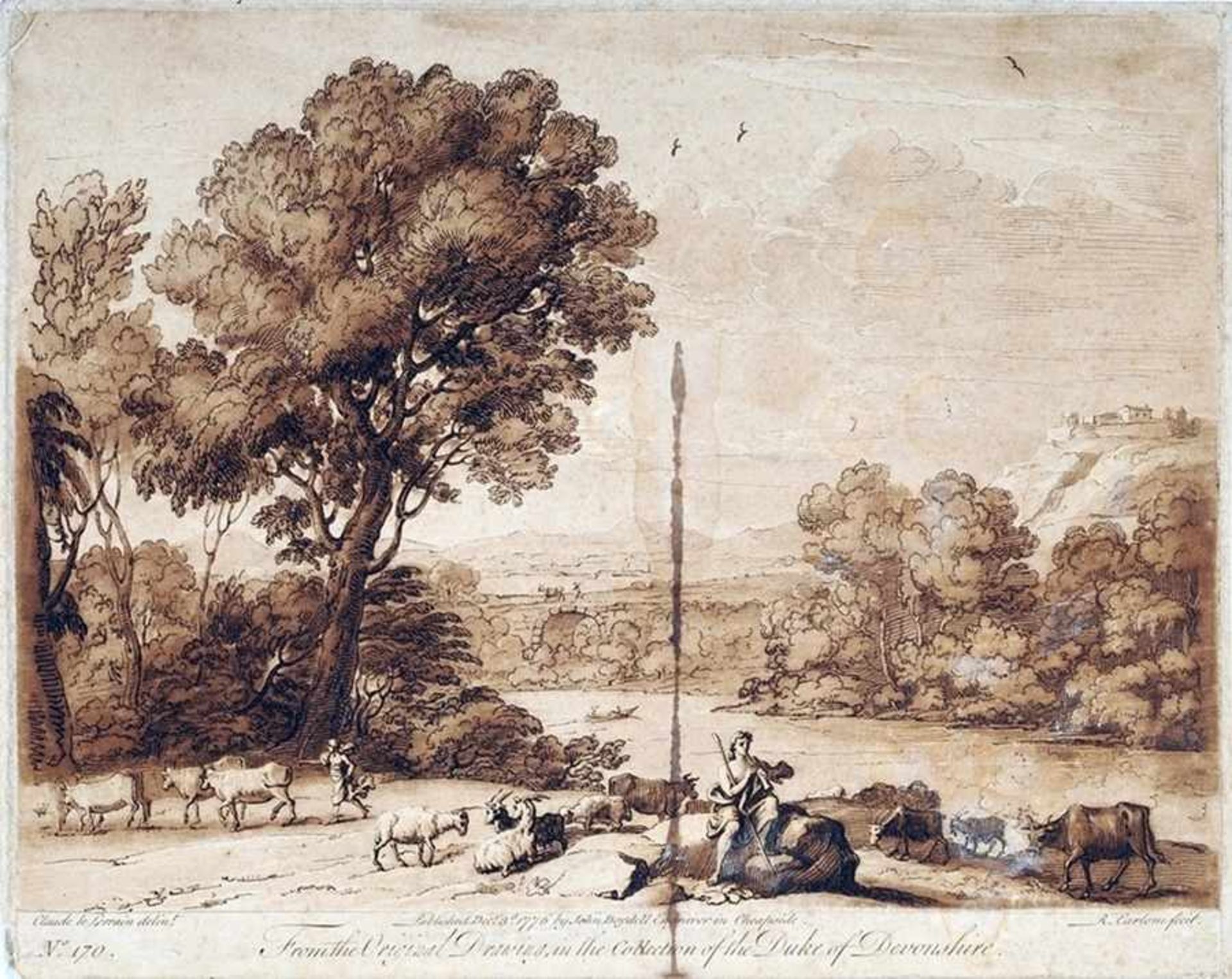 Earlom, Richard (London 1743 - 1822) Mezzotintoradierung. Landschaft mit Hermes und Battos, der