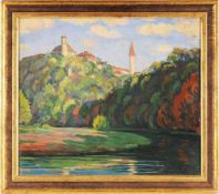 Walther, Carl (1880 Leipzig - 1954 Dresden) Öl/Lwd. Landschaft mit Flusslauf (Mulde?) u. Burg. R. u.