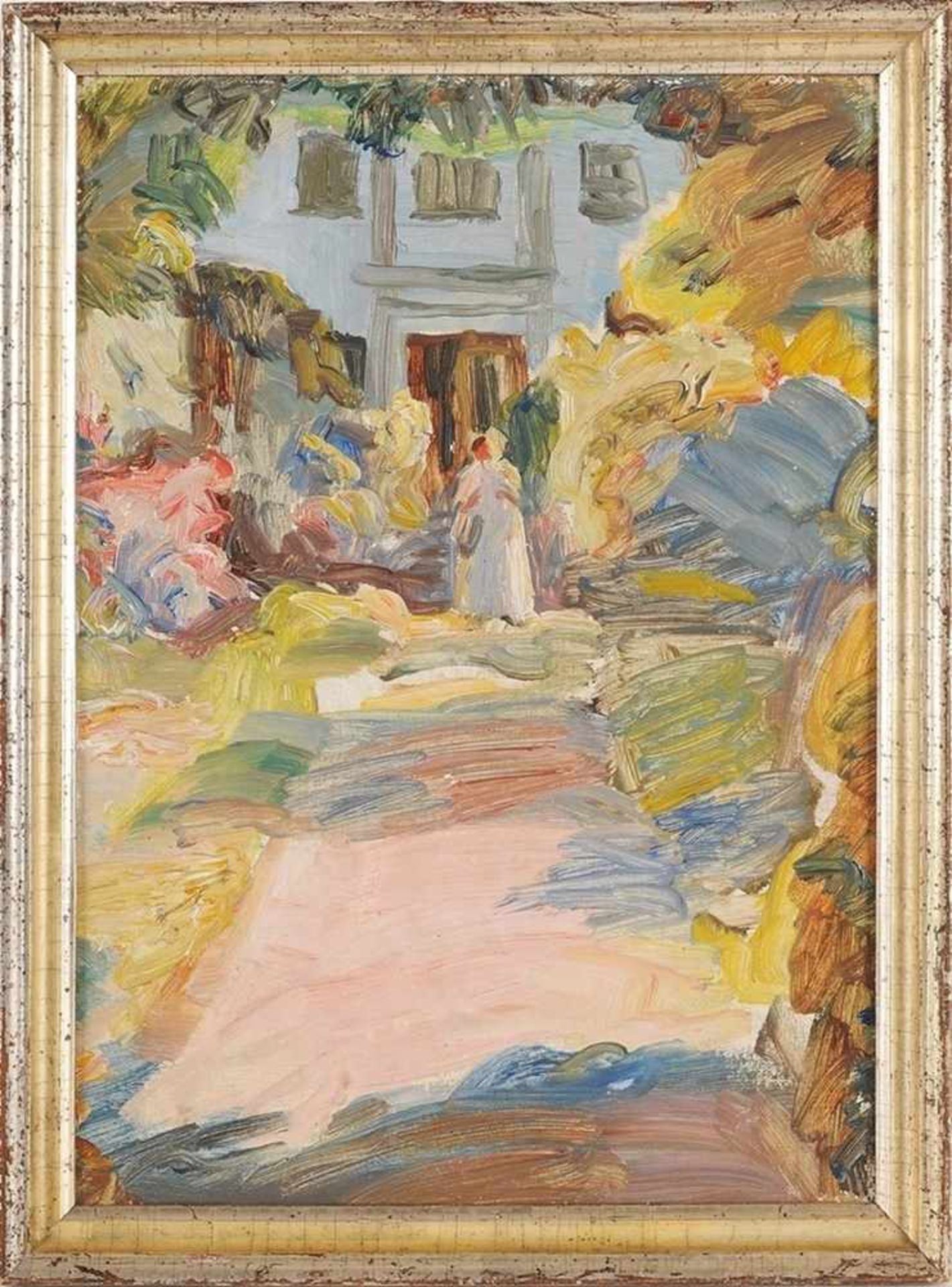 Unbekannt (Deutscher? Maler, 20. Jh.) Öl/Lwd. Besonnter Weg mit Villa u. Dame. 38,5 x 27,5 cm.