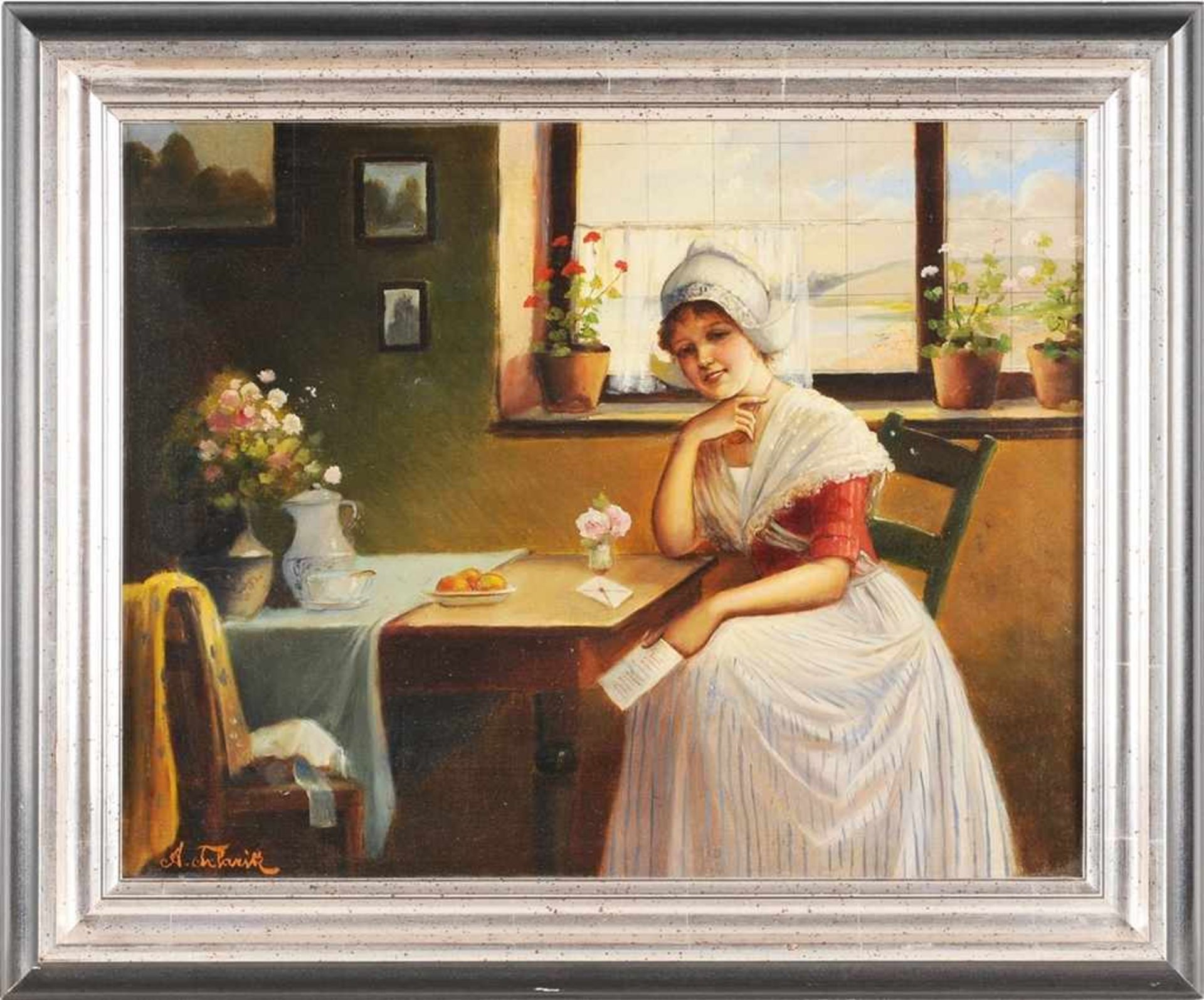 Telarik, Alois (Wien 1884 - 1961) Öl/Lwd. Interieurbild mit am Tisch sitzendem Mädchen mit Brief. L.
