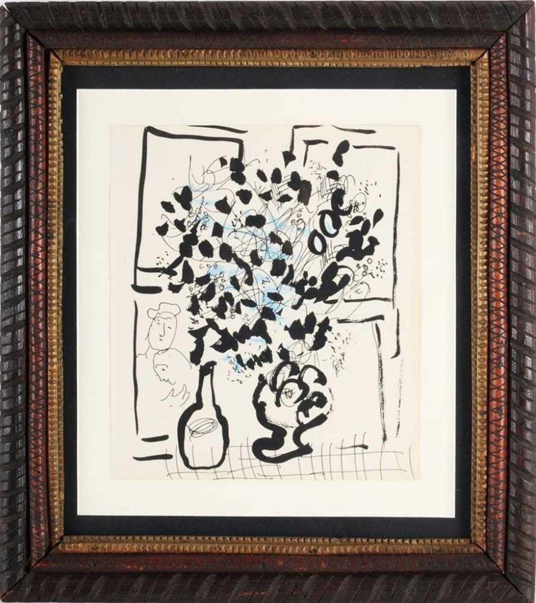 Chagall, Marc Lithographie. "Le bouquet noir et bleu", Blumenstillleben vor Fenster mit Paar im