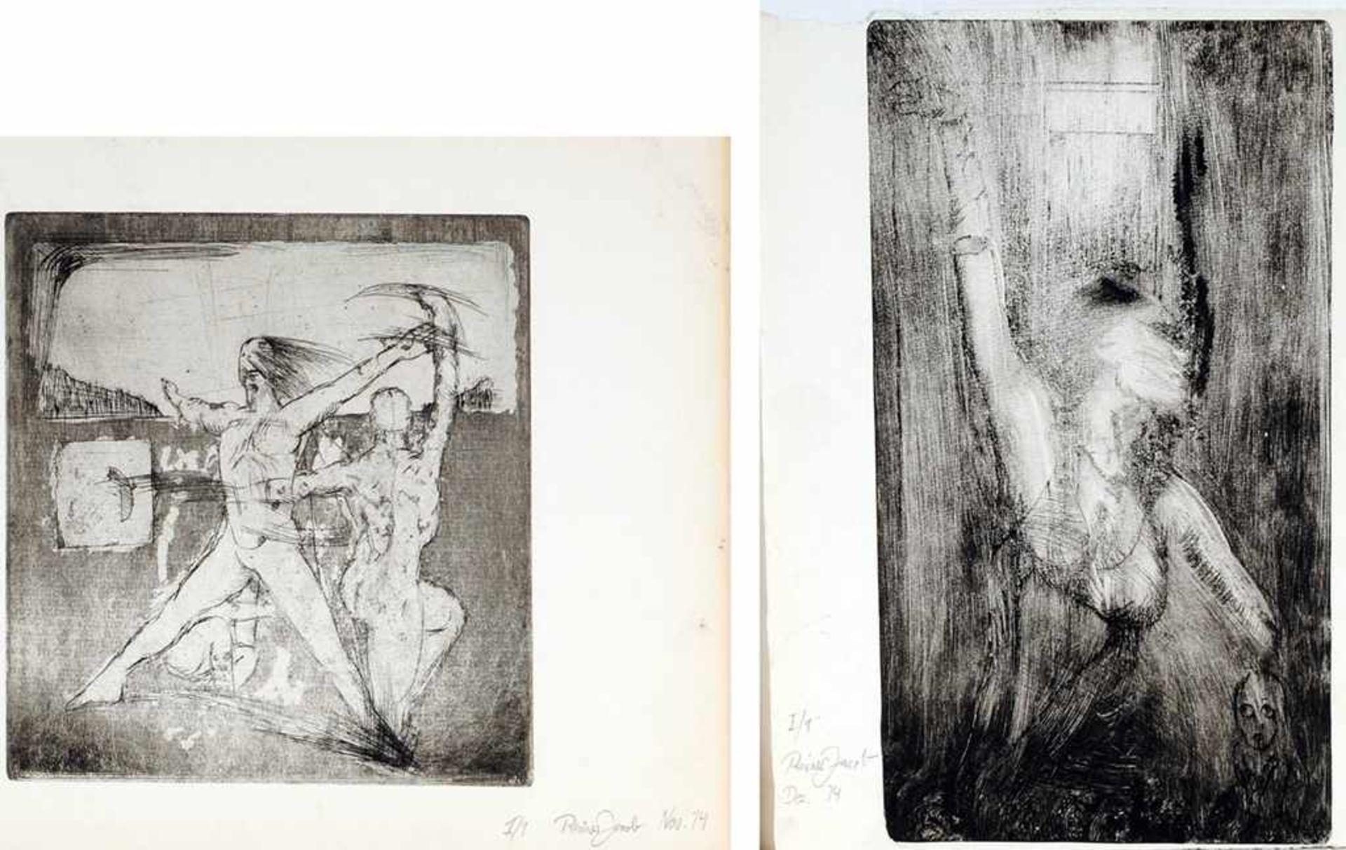 Jacob, Rainer (Deutscher Künstler, 2. H. 20. Jh.) Radierung. 2 Bl. "Eine ertrinkende Dame" u. "
