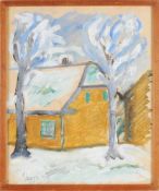 Unbekannt (Deutscher? Maler, 1. H. 20. Jh.) Gouache/Papier. Haus mit 2 Bäumen im Schnee. L. u. nicht