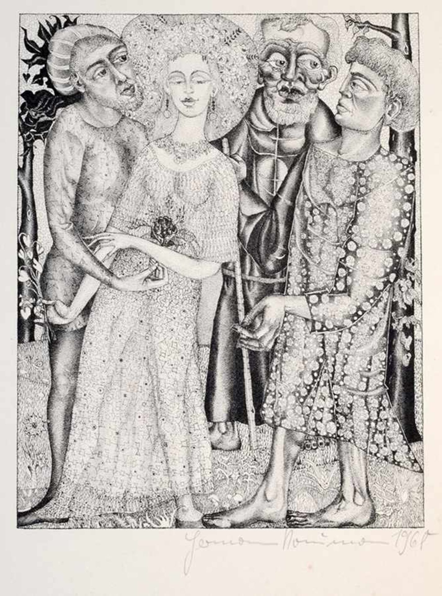 Naumann, Hermann Lithographie. Ohne Titel/ Figürliche Komposition mit junger Frau und 3 Männern in