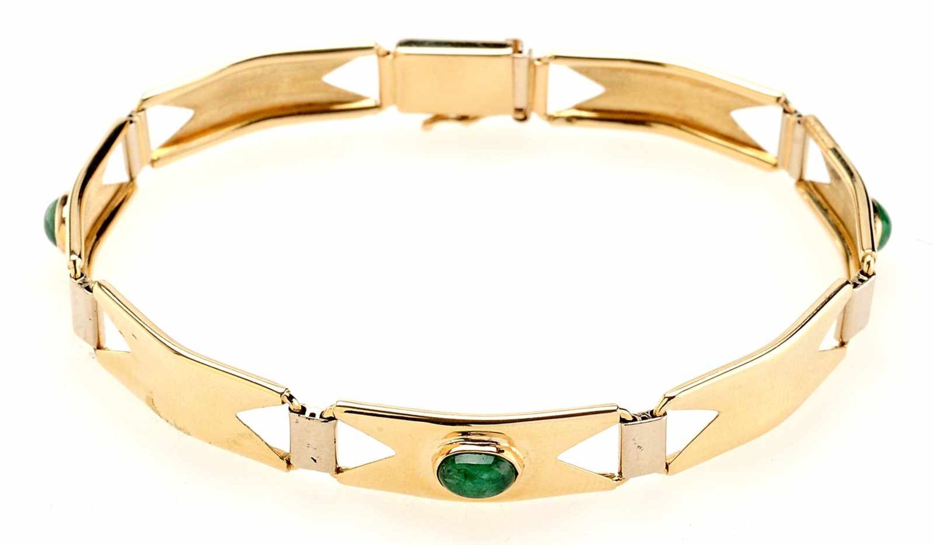 Smaragd-Armband 585er GG. 6 rechteckige Glieder mit dreieckigen Aussparungen. 3 aufgesetzte ovale