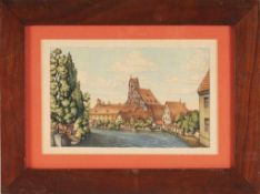 Unbekannt (Deutscher Maler, 1. H. 20. Jh.) Blei, Aquarell/Papier. Kleines Städtchen an Flussufer.