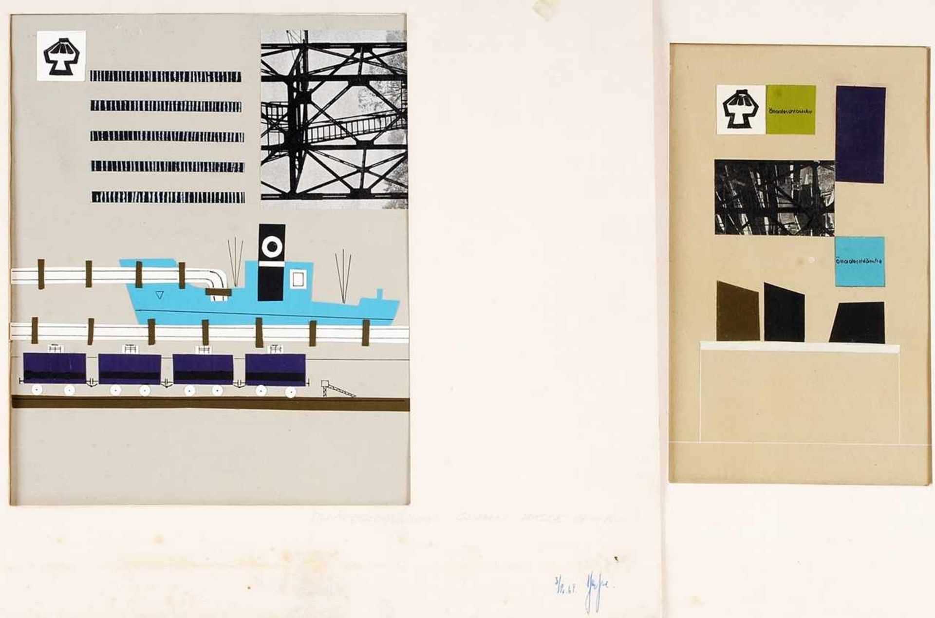 Hoppe, Hans-Georg (1936 Merseburg - 1981 Halle/ Saale) Collage. 2 Bl. Industriedesignentwürfe. Sign.