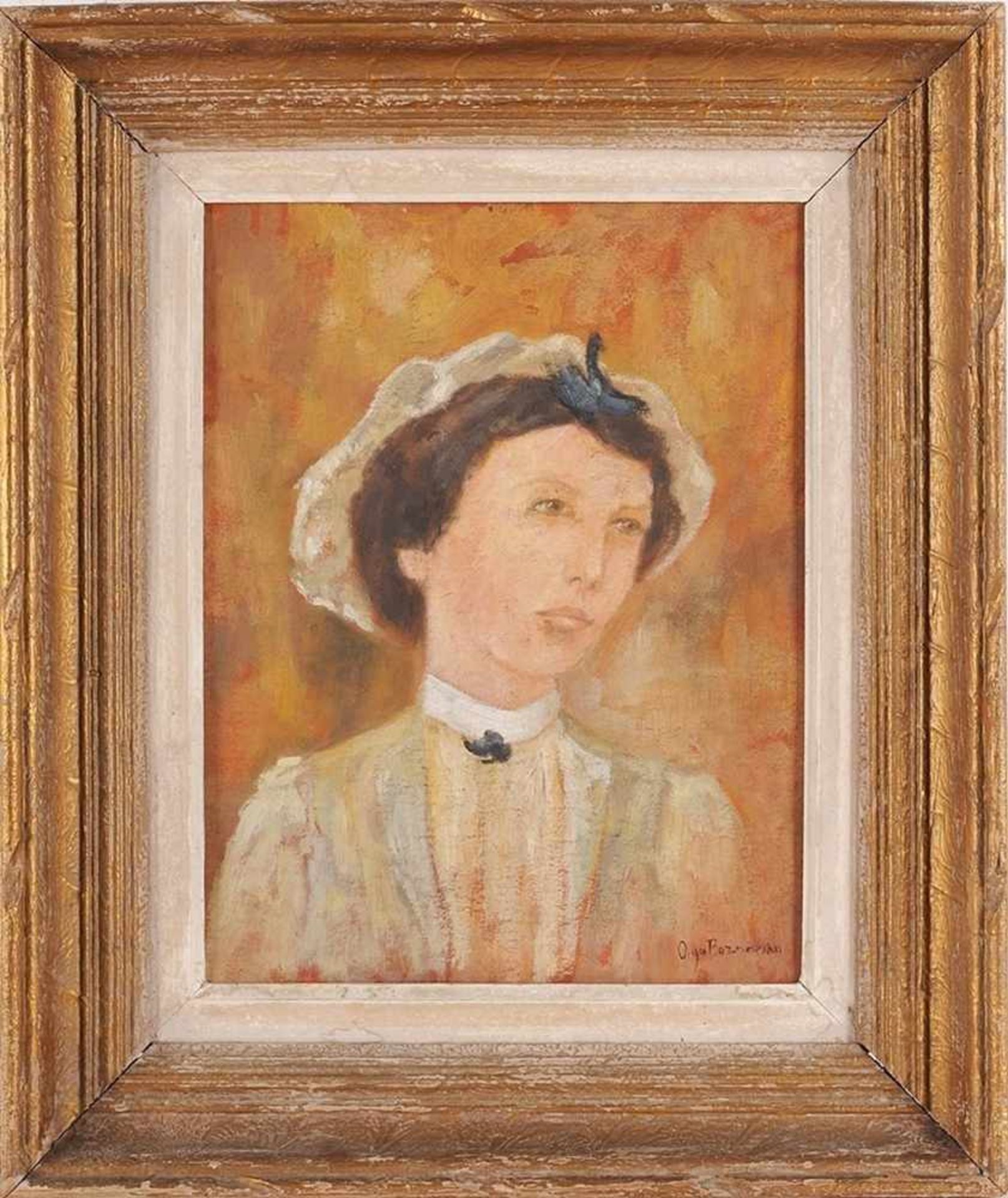 Boznanska, Olga (1865 Krakau - 1940 Paris) Öl/Karton. Porträt einer Dame mit Hut. Brustbild,