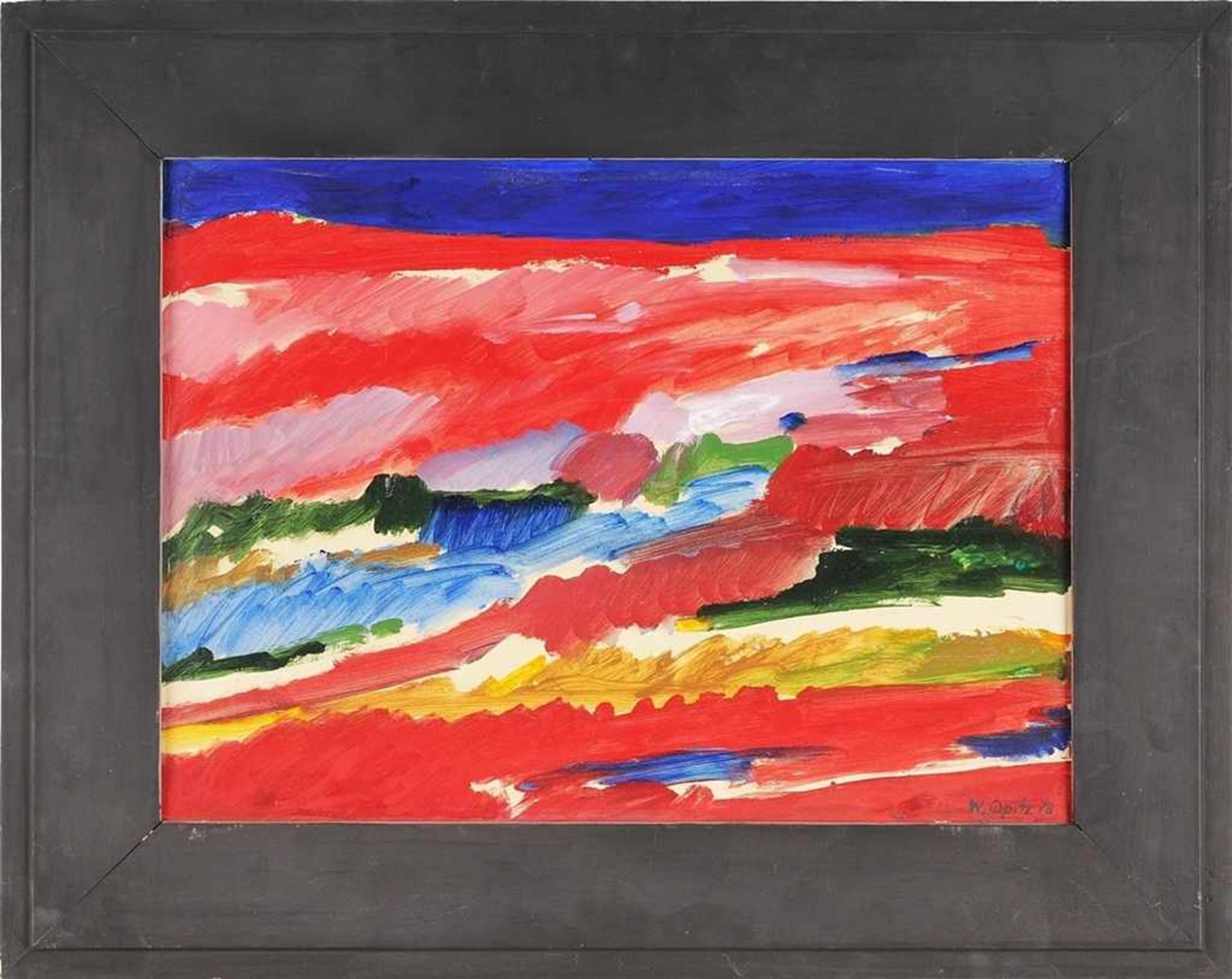 Opitz, Walter (1929 Liebersdorf/Schlesien - 2003 Halle/Sa.) Acryl/Karton. "Rote Landschaft". R. u.