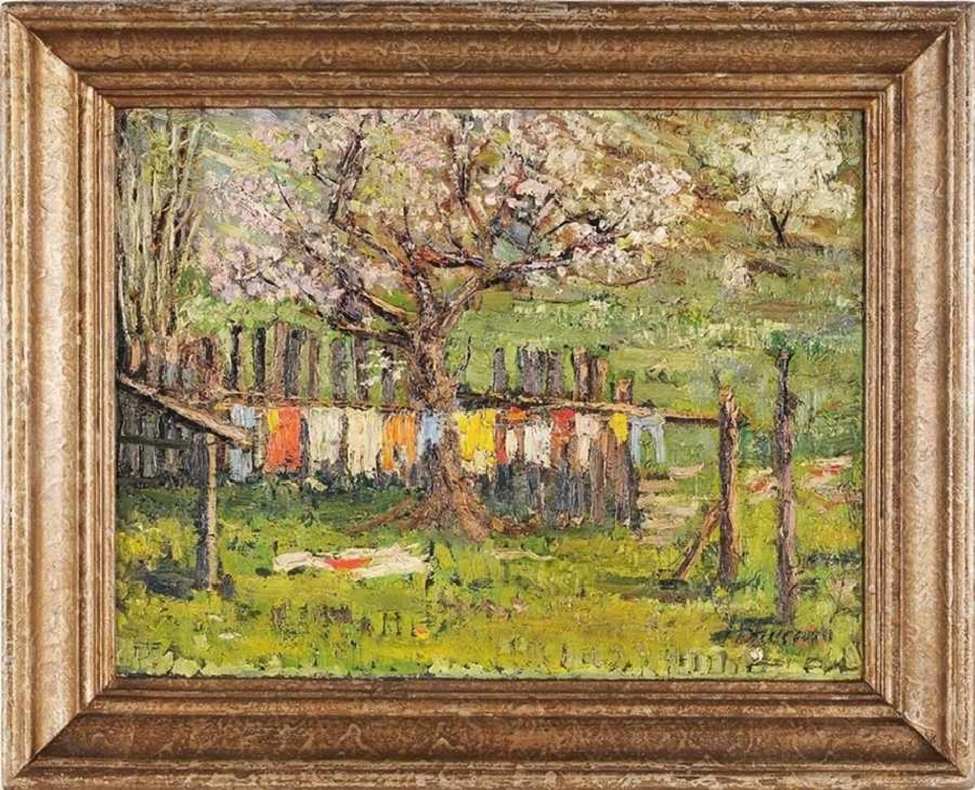 Bauerová, Julie (Tschechische Malerin, 2. H. 20. Jh.) Öl/Karton. "Jablou", Garten im Frühling mit