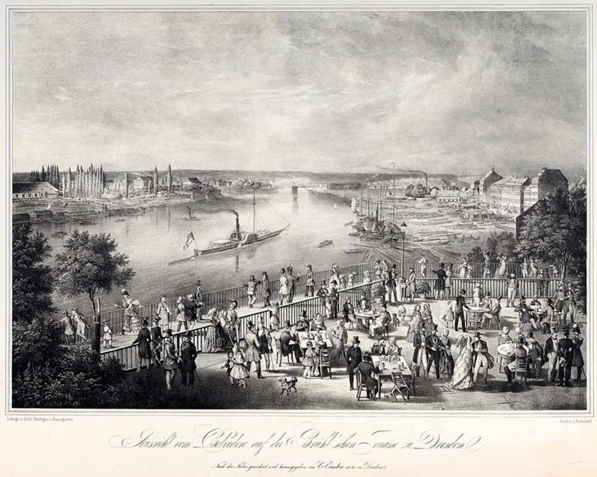 "Aussicht vom Belvedere auf der Brühlschen Terrasse zu Dresden" Lithographie. Historische Ansicht