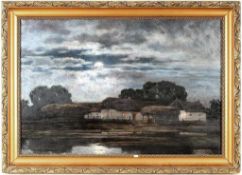 Feszty, Árpád (1856 Ógyalla - 1914 Lovran) Öl/Lwd. Nächtliche Uferlandschaft mit ungarischem Dorf