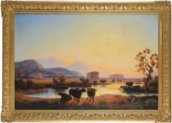 Hottenroth, Edmund (1804 Dresden-Blasewitz - 1889 Rom) Öl/Lwd. Uferlandschaft mit Wasserbüffeln im