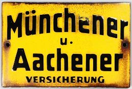 Emailleschild "Münchener und Aachener Versicherung" Metall, emailliert. Querrechteckige Form, l.