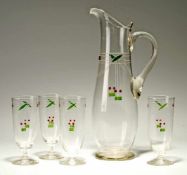 Jugendstil-Saftservice 5-tlg. Krug mit 4 Gläsern. Farbloses Glas. Formgeblasen. In der Art von Peter