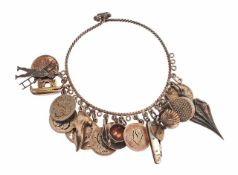 Historisches Bettelarmband 800er Silber. An gedrehtem Reif Ösen mit vielfältigen Anhängern, u. a.