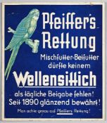 Werbeschild "Pfeiffers Rettung" Blech, bedruckt. Werbung für Vogelfutter. Auf blauem Grund