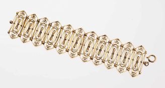 Jugendstil-Armband 925er Silber, vergoldet. Breites, aus 11 gestreckt 6-eckigen, durchbrochen