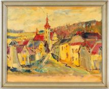 Dvorák, Jan (geb. 1942 in Tabor, tätig in Benesov/Prag) Öl/Papier. Straße mit Blick auf Kirche in