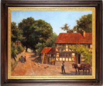 Unbekannt (Deutscher Maler, um 1900) Öl/Lwd. Dorfstraße mit Fachwerkhäusern, Vieh u.
