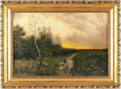 Splitgerber, August (1844 Steingaden - 1918 München) Öl/Lwd. Landschaft im Abendlicht mit Schäfer u.