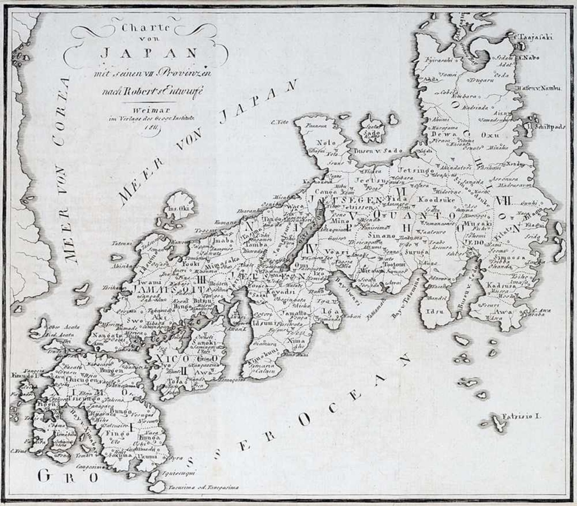 Karte von Japan Kupferstich. "Charte von Japan mit seinen VII Provinzen nach Robert's Entwurfe". (