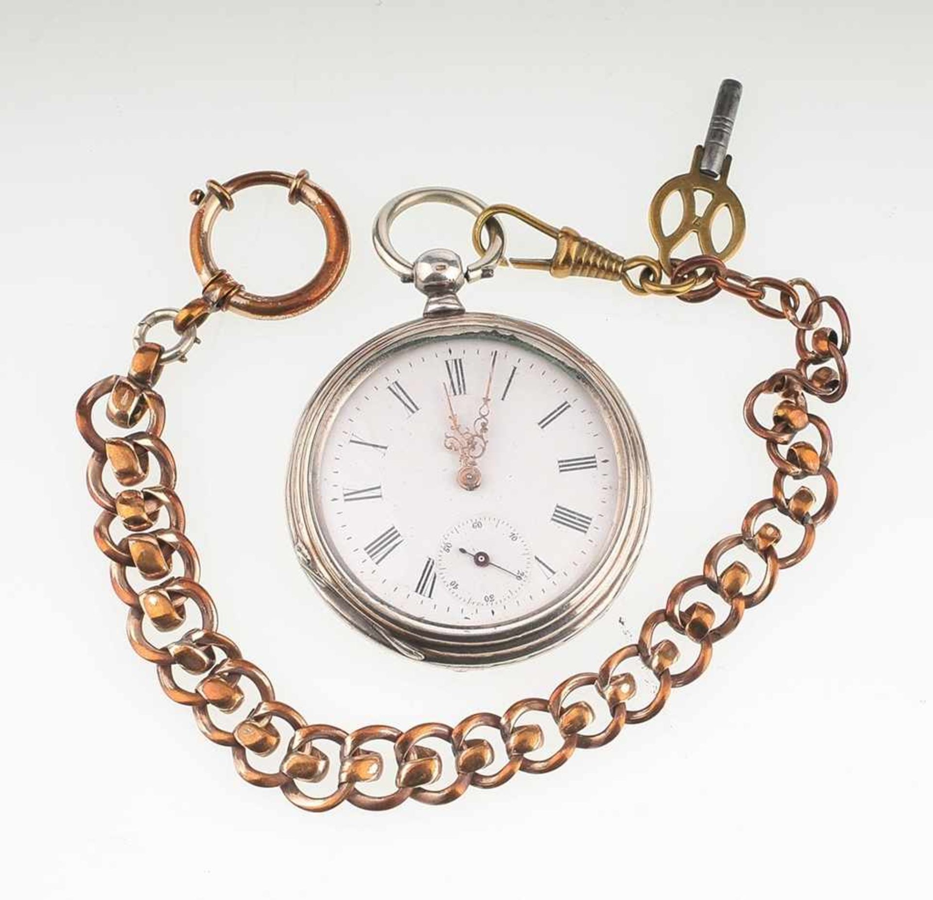 Herren-Taschenuhr 800er Silber. Gehäuse rücks. guillochiert mit freier Wappenkartusche. Weißes