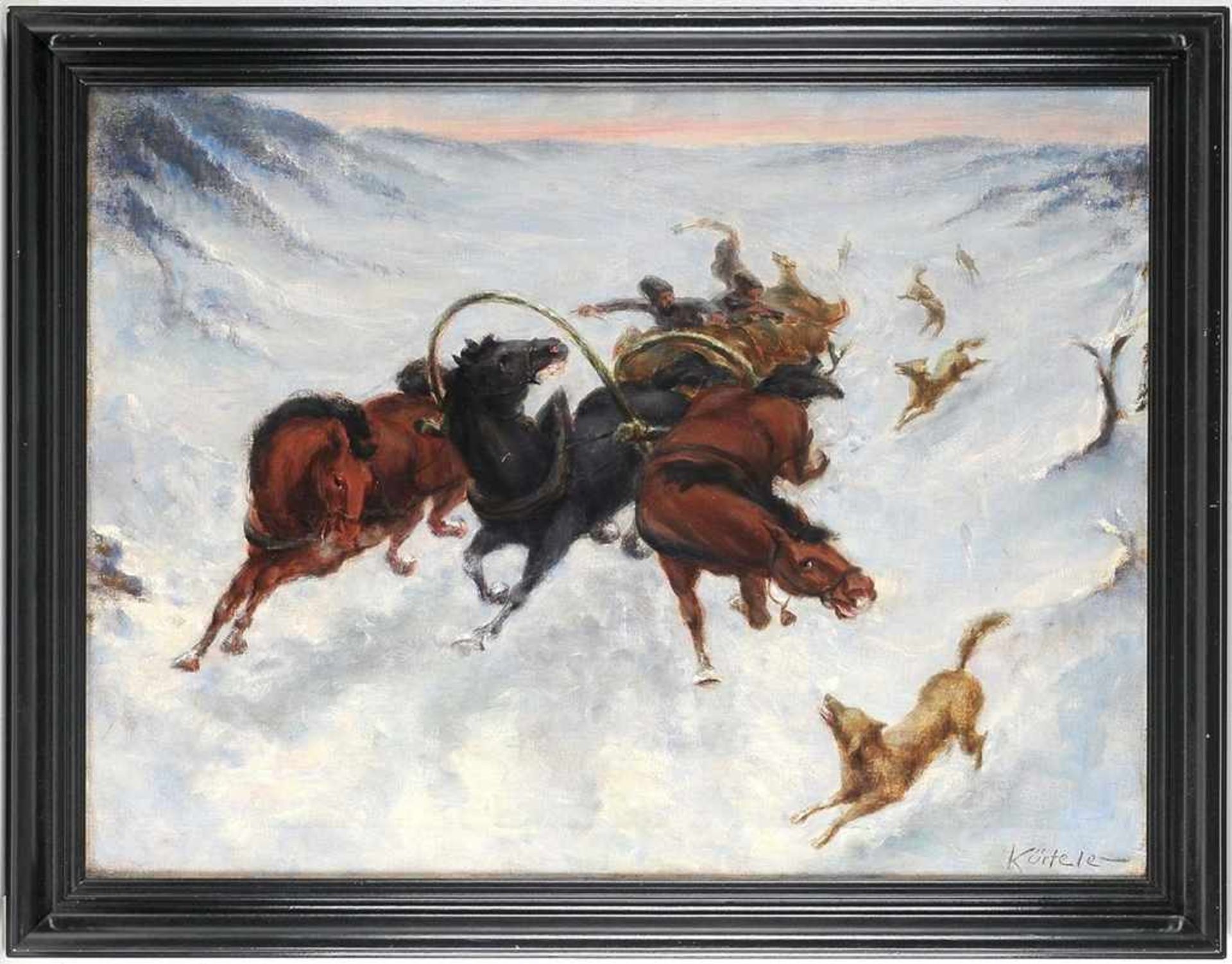 Kürteler, A. (Deutscher? Maler, 1. H. 20. Jh.) Öl/Lwd. Von Wölfen angegriffene Troika im Schnee.