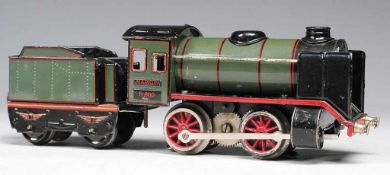 Dampflokomotive mit Tender Blech, olivgrün u. rot lithographiert. Modell R 880. Spur 0. 2-achsig.