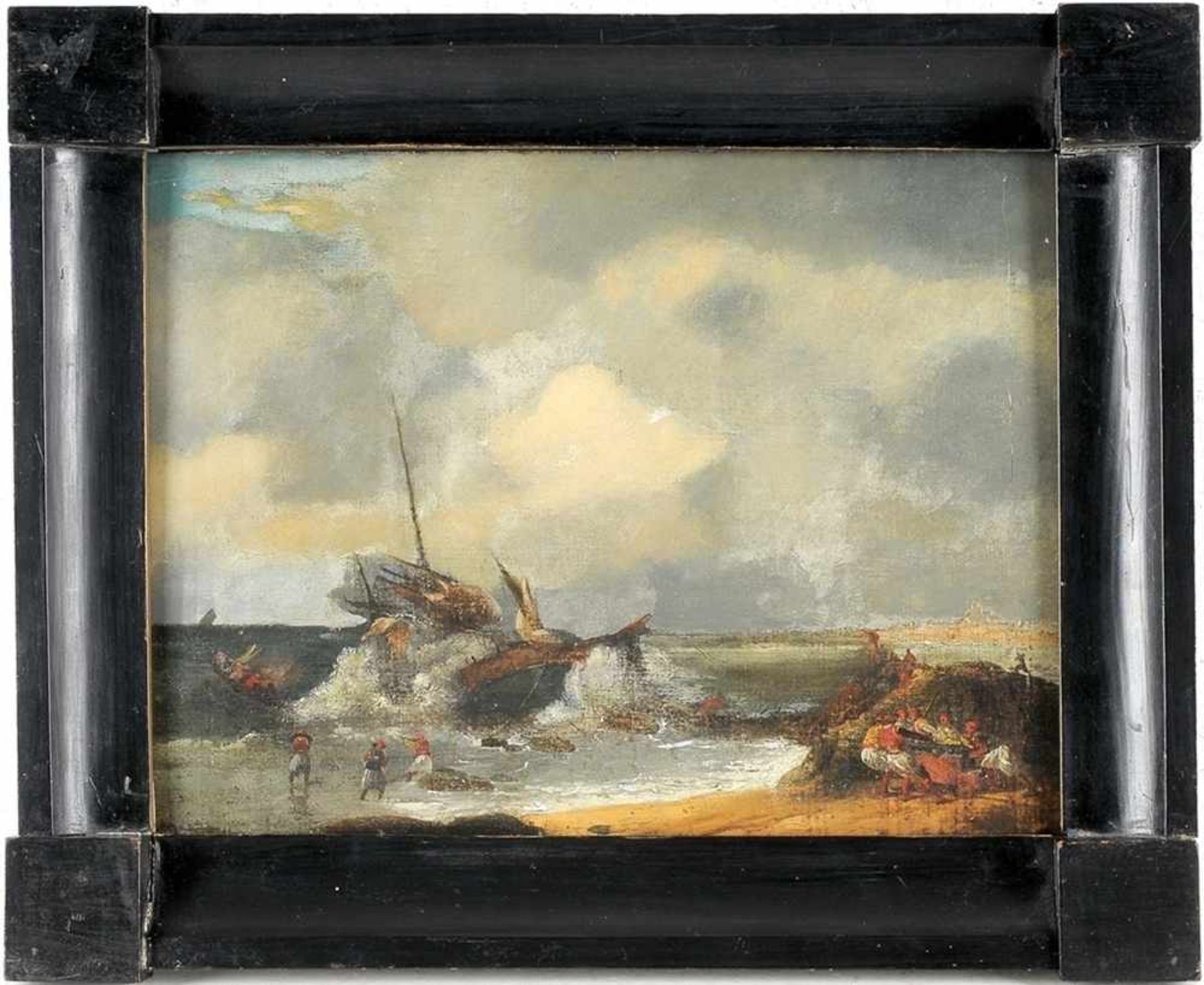 Guardi, Francesco in der Art von (Venedig 1712 - 1793) Öl/Holz. Küstenlandschaft mit gestrandetem