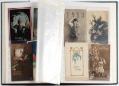 Album mit historischen Gruß- und Glückwunschkarten 40 St. Polychrom bedrucktes, part. geprägtes
