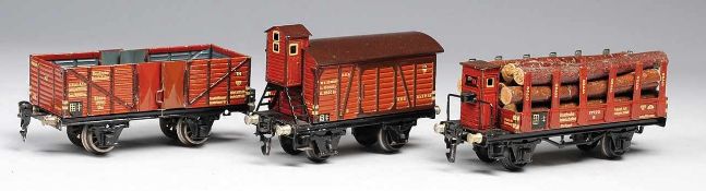 Drei Güterwagen Blech, lithographiert. Alle Spur 0. Offener Hochbordwagen Modell 1771/0, 2-achsig.