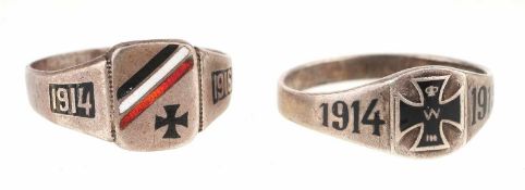 Paar patriotische Ringe aus dem 1. Weltkrieg Silber, part. emailliert. Ring mit Eisernem Kreuz,