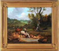 Unbekannt (Deutscher Maler, 19. Jh.) Öl/Lwd. Landschaft mit Bauern u. Pferden an einer Tränke.