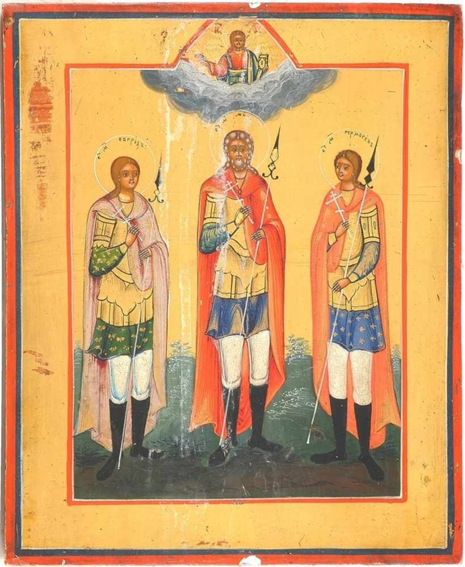 Ikone (Russischer Maler, 19. Jh.) Tempera auf Kreidegrund/Holz. Drei Heilige in Landschaft vor