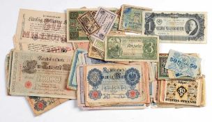 Konvolut Notgeld und Banknoten 105 St. U.a. Banknoten aus dem Kriegsgefangenenlager Stuttgart, 1915,