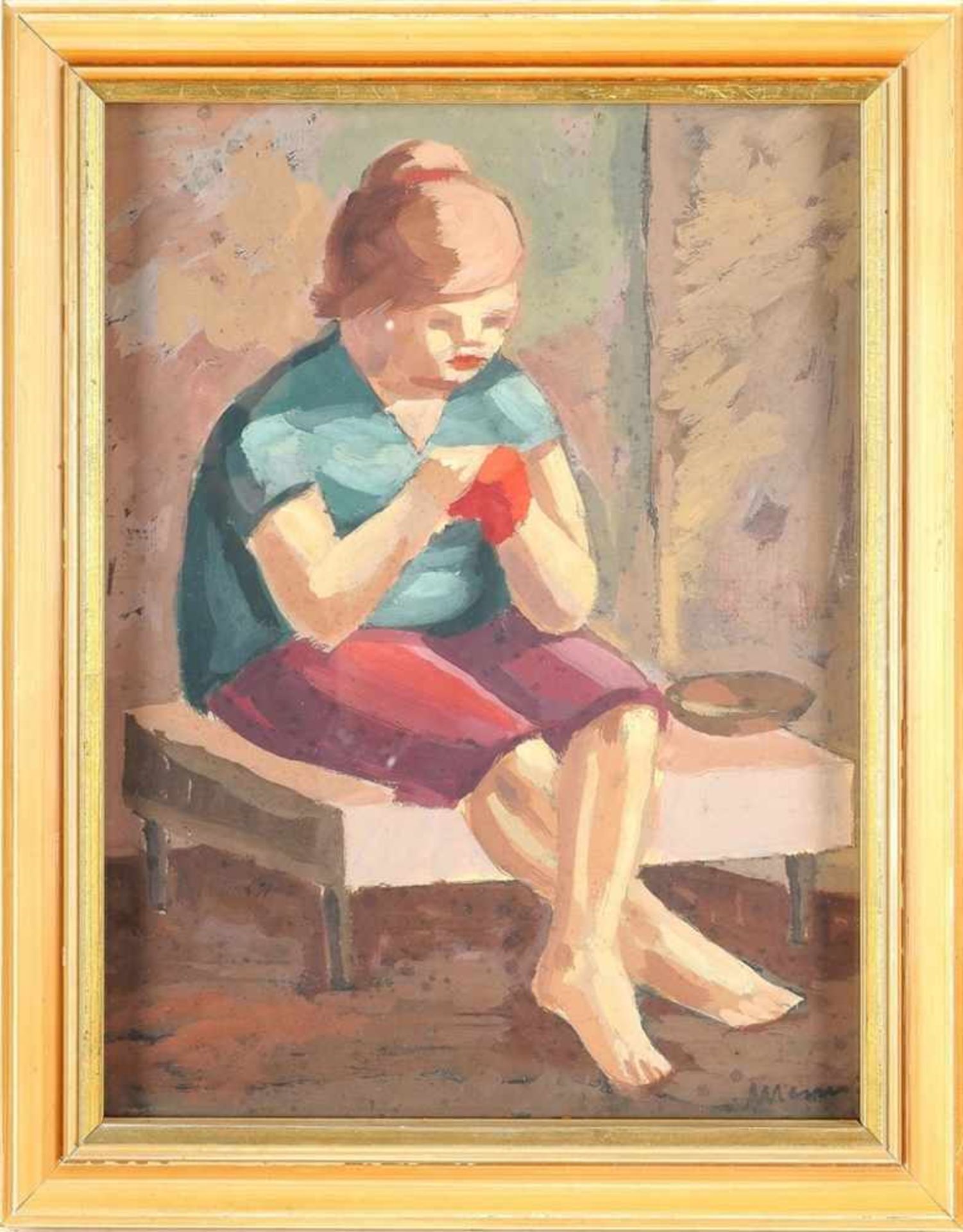 Hennig, Albert (1907 Leipzig - 1956 Zwickau) Gouache/Karton. Sitzende Frau beim Sockenstopfen. R. u.