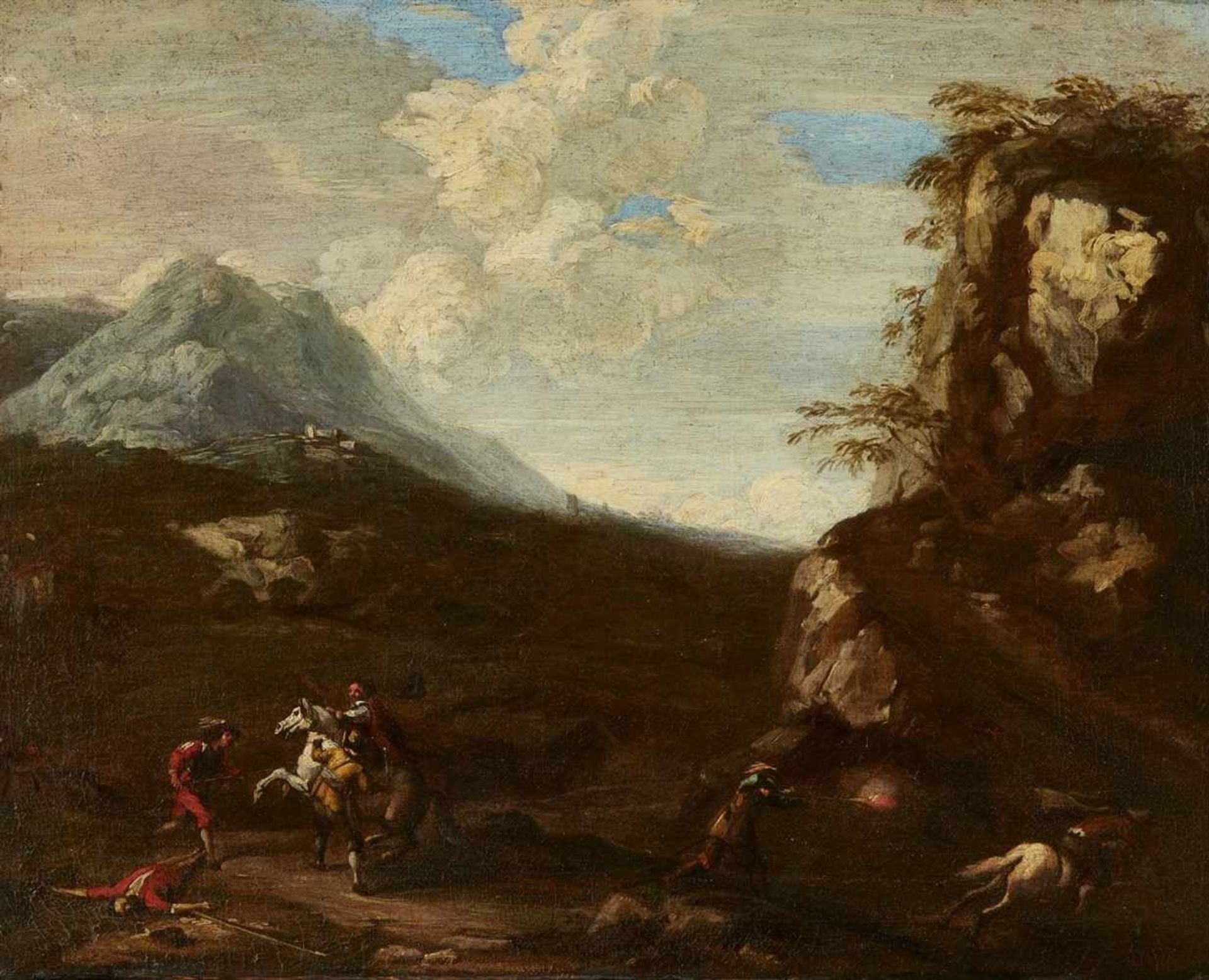 Italienischer Meister des 18. JahrhundertsBergige Landschaft mit Überfall Öl auf Leinwand. 36 x 47