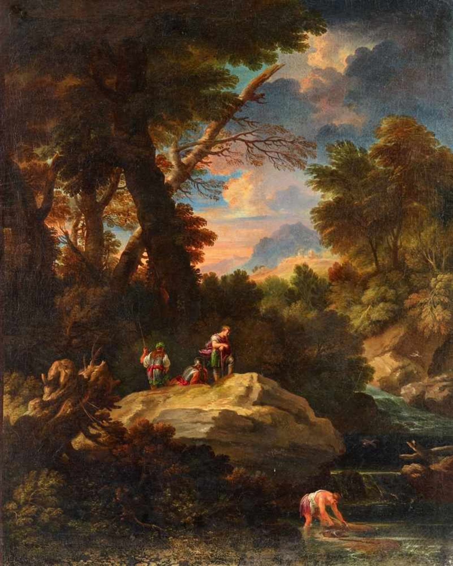 Andrea Locatelli, WerkstattSüdliche Abendlandschaft mit Figuren Öl auf Leinwand (doubliert). 74 x 60