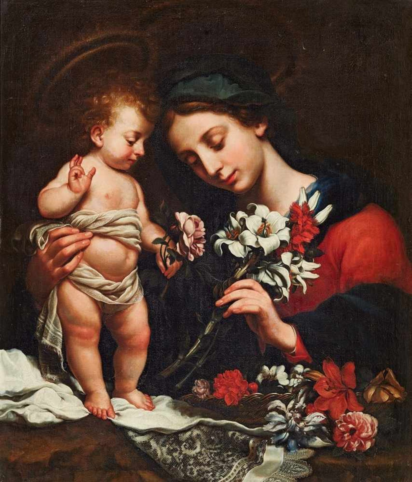 Carlo Dolci, UmkreisMadonna mit Kind und Blumen Öl auf Leinwand (doubliert). 93 x 77,5 cm.Es handelt