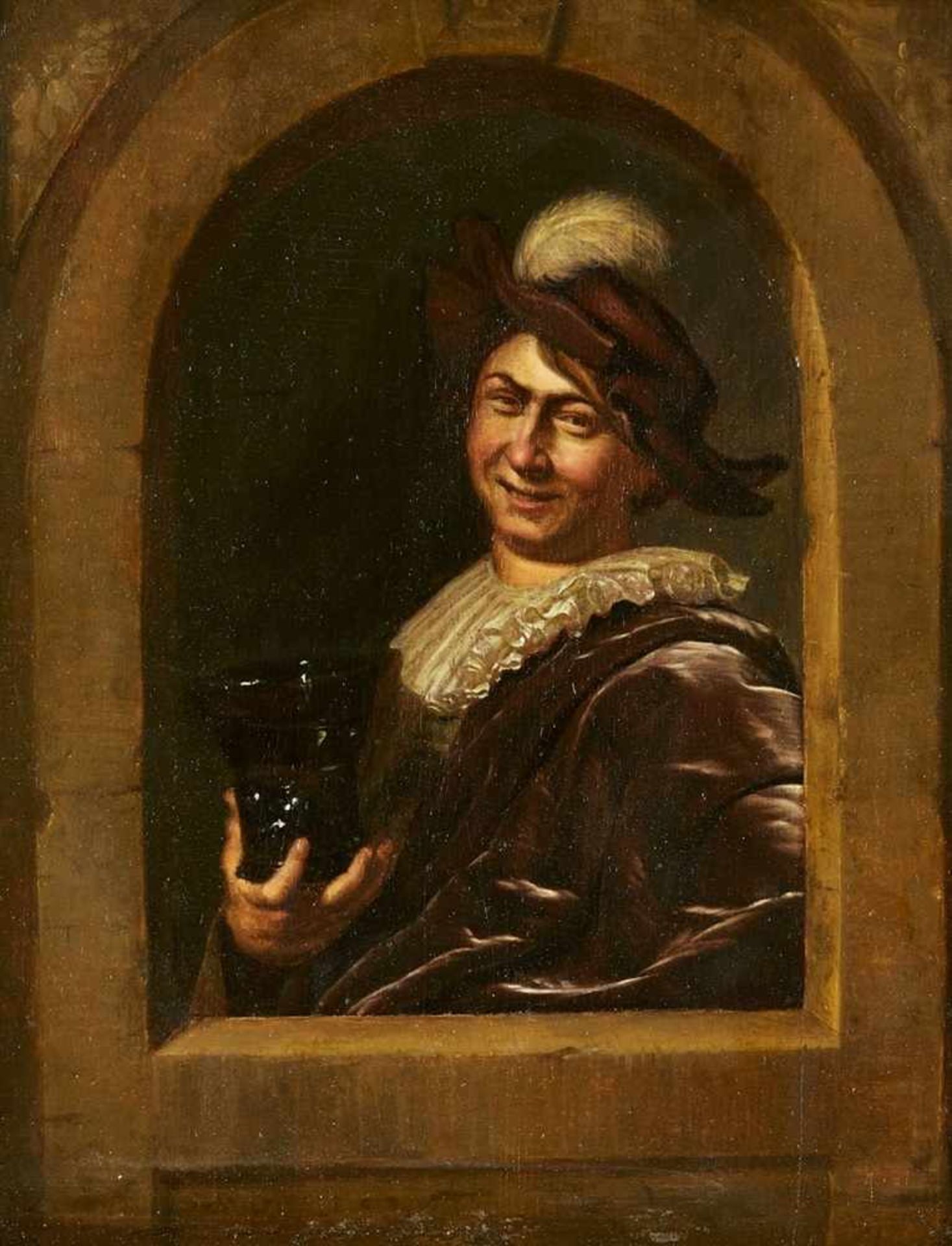 Frans van Mieris, NachfolgeFröhlicher Trinker Öl auf Holz. 22,5 x 18 cm.Signiert unten links: