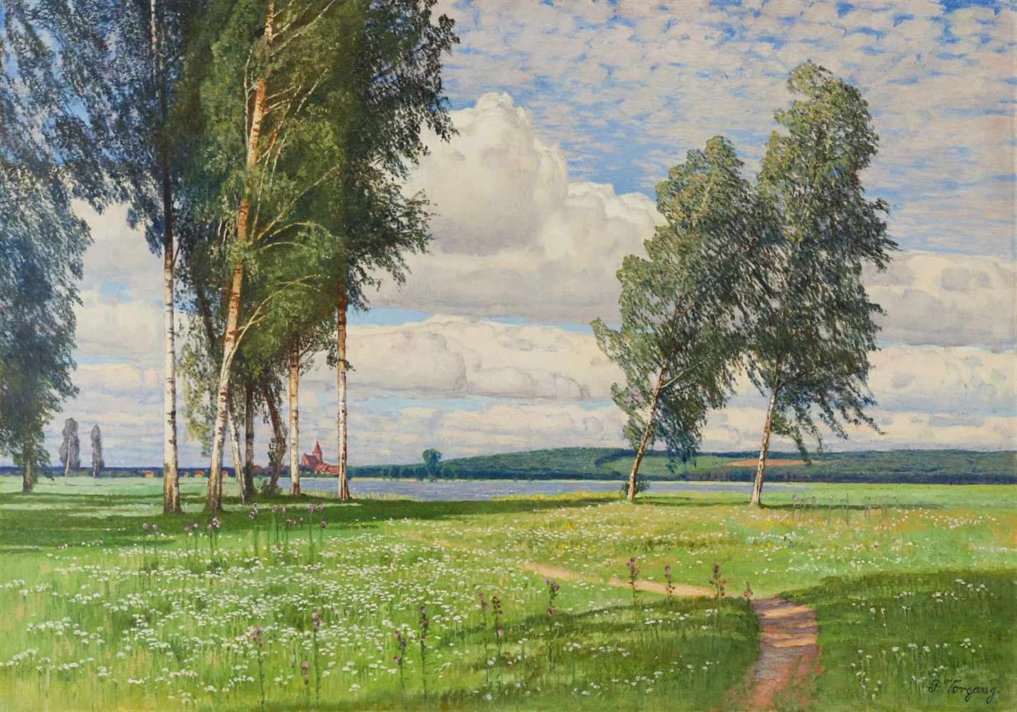 Paul VorgangLandschaft mit Birken und See Öl auf Leinwand. 70 x 100 cm. Gerahmt. Unten rechts