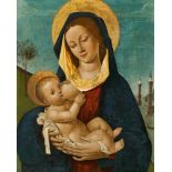 Norditalienischer Meister tätig um 1500 in der LombardeiMadonna mit Kind Öl auf Holz. 42 x 35 cm.