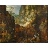 Roelant SaveryGebirgslandschaft mit Storch und Hirschen bei einem Wasserfall Öl auf Holz. 38 x 49