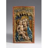 Wohl Spanien 2. Hälfte 15. JahrhundertRelief mit Madonna mit Kind Holz, auf der Rückseite