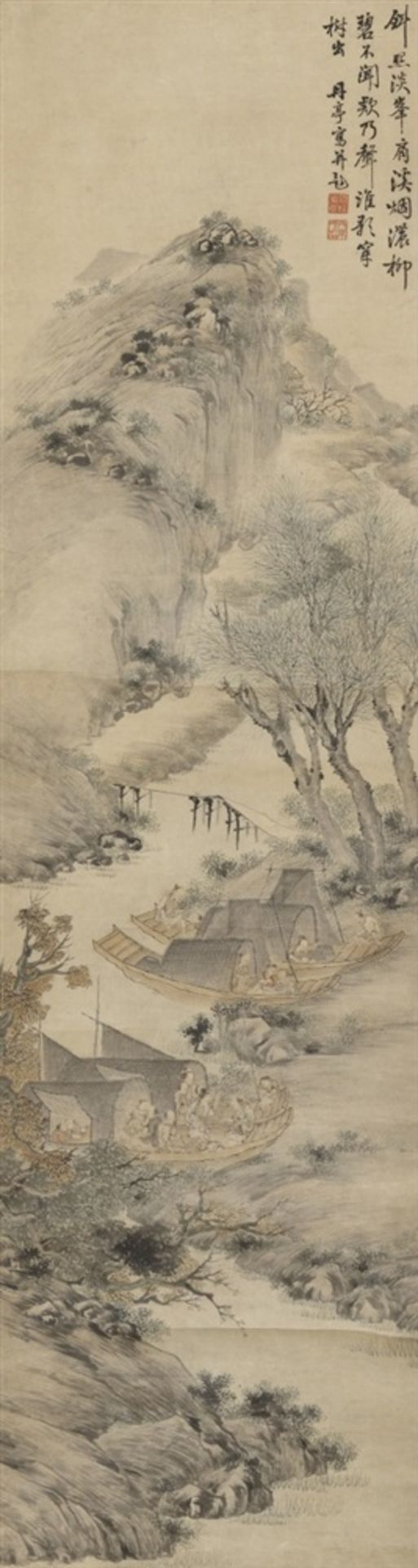 Hou Fengyuan . 19. Jh. Angler und ihre Familien in Hausbooten am Ufer unter Weiden. Hängerolle.