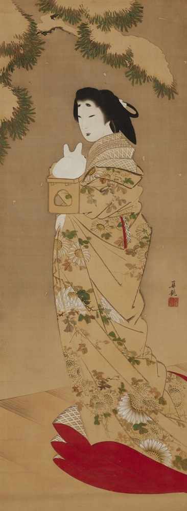 Yoshiwara Shinryû (tätig ca. 1830/1840) Hängerolle. Bijin mit einem Schneehasen auf einem sanbô-