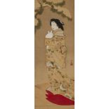 Yoshiwara Shinryû (tätig ca. 1830/1840) Hängerolle. Bijin mit einem Schneehasen auf einem sanbô-